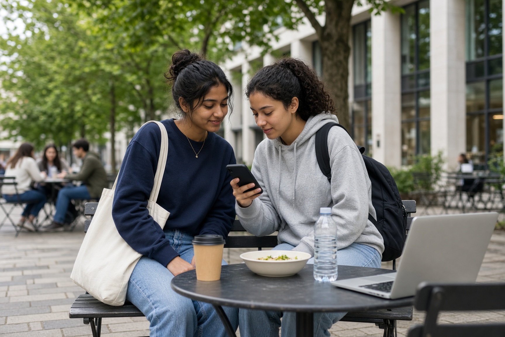 Students at a campus cafe looking at a phone